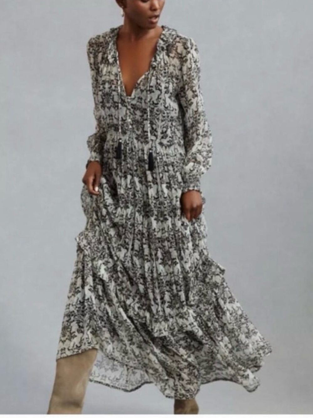 Anthropologie The Marais in Black White Rabbit Print Chiffon Maxi Dress Large